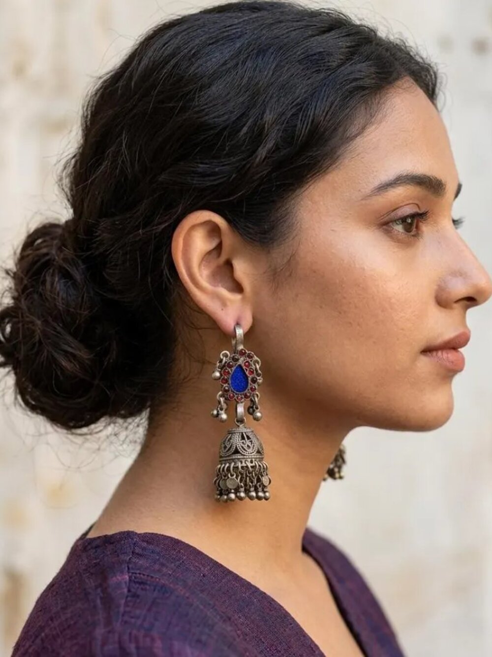 Handmade Afghan Jhumka Earrings: Vintage Tribal Jewelry with Glass Stones